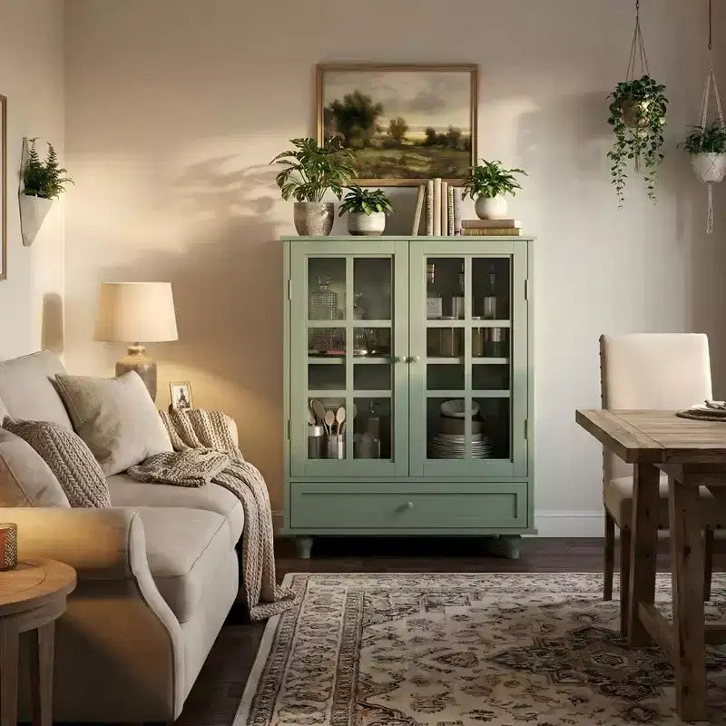 Meuble Buffet Minimaliste FurnitureR avec Portes en Verre et Tiroir, Armoire de Rangement de Style Ferme pour Salle à Manger, Cuisine, Salon, Couloir et Entrée