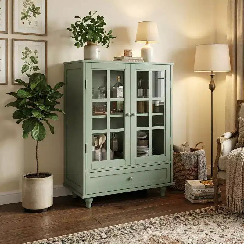 Meuble Buffet Minimaliste FurnitureR avec Portes en Verre et Tiroir, Armoire de Rangement de Style Ferme pour Salle à Manger, Cuisine, Salon, Couloir et Entrée