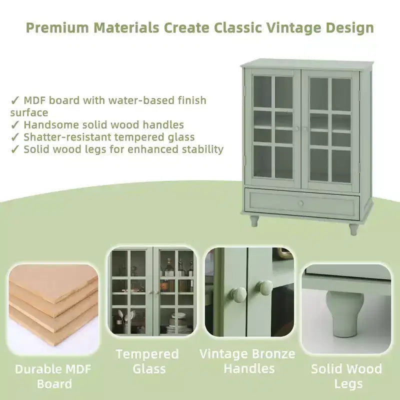 Meuble Buffet Minimaliste FurnitureR avec Portes en Verre et Tiroir, Armoire de Rangement de Style Ferme pour Salle à Manger, Cuisine, Salon, Couloir et Entrée