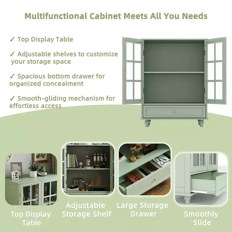 Meuble Buffet Minimaliste FurnitureR avec Portes en Verre et Tiroir, Armoire de Rangement de Style Ferme pour Salle à Manger, Cuisine, Salon, Couloir et Entrée