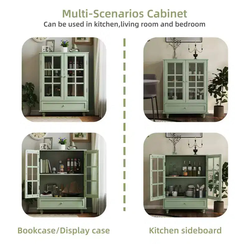 Meuble Buffet Minimaliste FurnitureR avec Portes en Verre et Tiroir, Armoire de Rangement de Style Ferme pour Salle à Manger, Cuisine, Salon, Couloir et Entrée