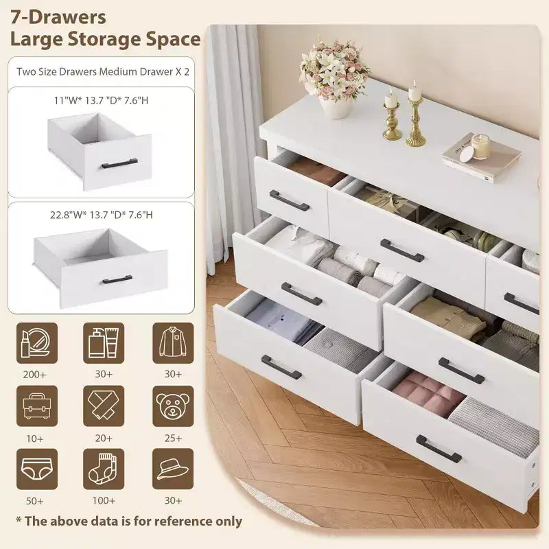Commode 7 tiroirs pour chambre à coucher - Organisateur moderne en bois avec poignées métalliques pour salon, placard, entrée