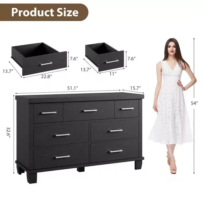 Commode 7 tiroirs pour chambre à coucher - Organisateur moderne en bois avec poignées métalliques pour salon, placard, entrée