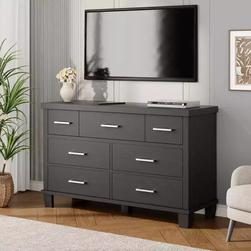 Commode 7 tiroirs pour chambre à coucher - Organisateur moderne en bois avec poignées métalliques pour salon, placard, entrée