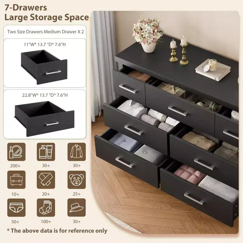 Commode 7 tiroirs pour chambre à coucher - Organisateur moderne en bois avec poignées métalliques pour salon, placard, entrée