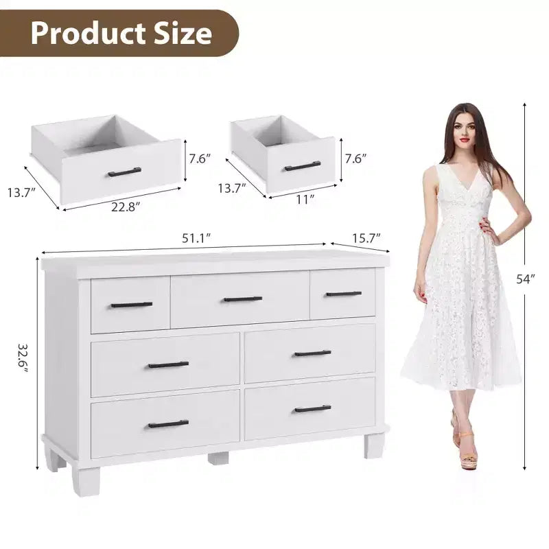 Commode 7 tiroirs pour chambre à coucher - Organisateur moderne en bois avec poignées métalliques pour salon, placard, entrée