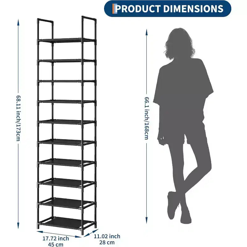 Étagère à chaussures robuste en métal à 10 niveaux avec étagères en tissu amovibles, organiseur d'angle haut et peu encombrant pour placard, entrée, salon