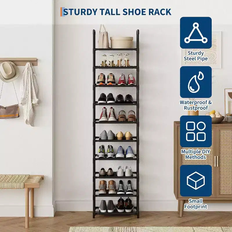 Étagère à chaussures robuste en métal à 10 niveaux avec étagères en tissu amovibles, organiseur d'angle haut et peu encombrant pour placard, entrée, salon