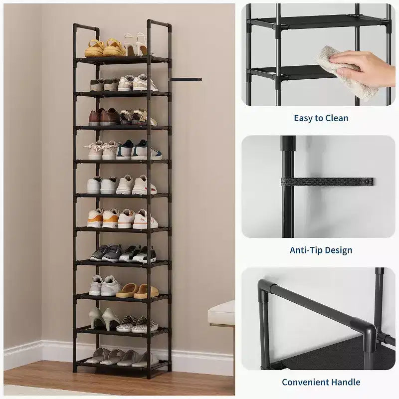 Étagère à chaussures robuste en métal à 10 niveaux avec étagères en tissu amovibles, organiseur d'angle haut et peu encombrant pour placard, entrée, salon