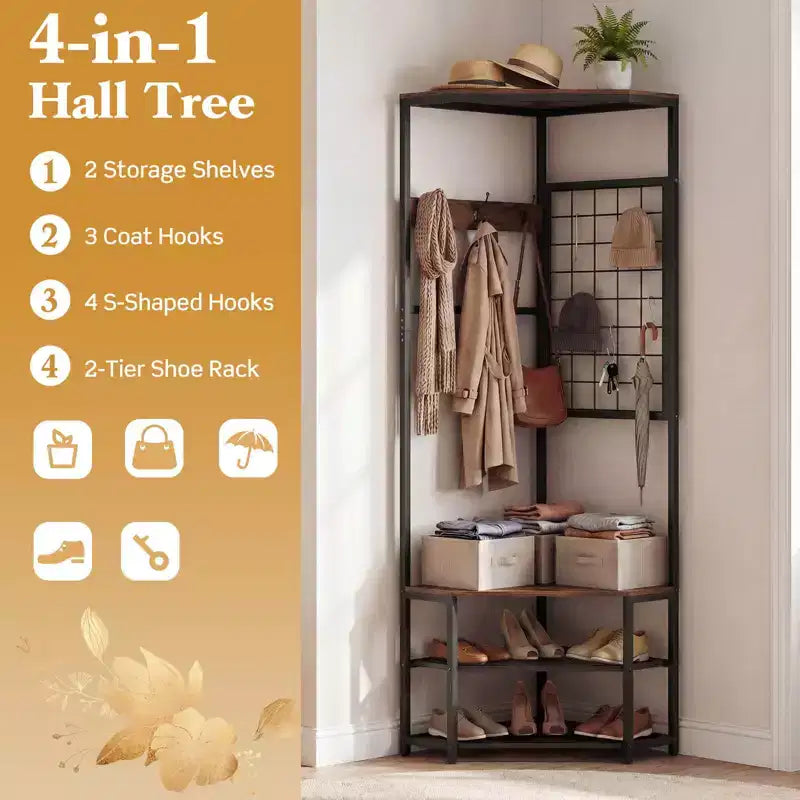 Porte-manteau d'angle Costway, arbre de hall autoportant avec étagères de rangement et crochets amovibles, marron rustique + noir/or + blanc