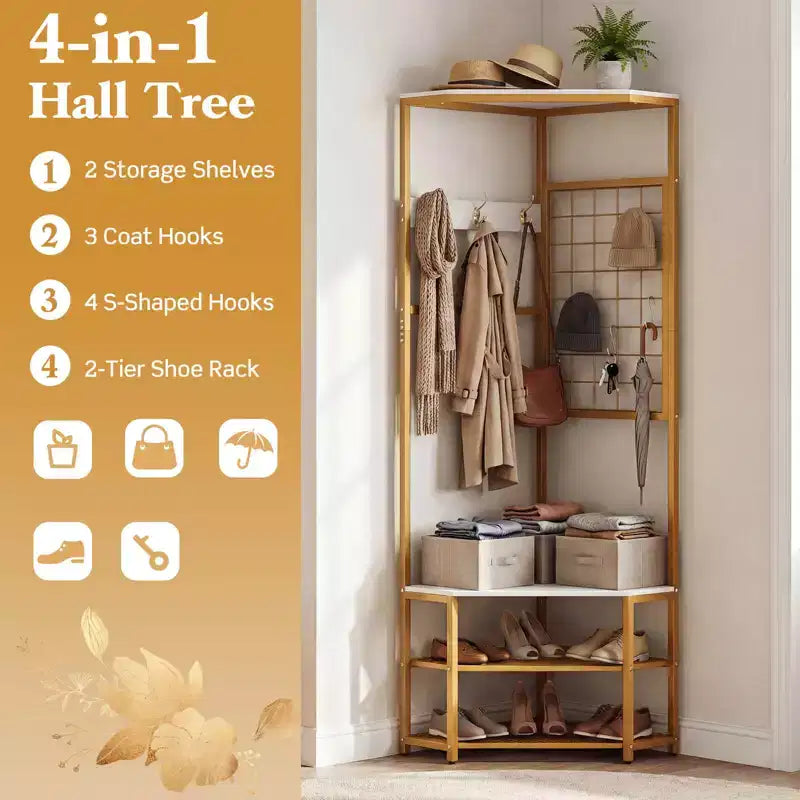Porte-manteau d'angle Costway, arbre de hall autoportant avec étagères de rangement et crochets amovibles, marron rustique + noir/or + blanc