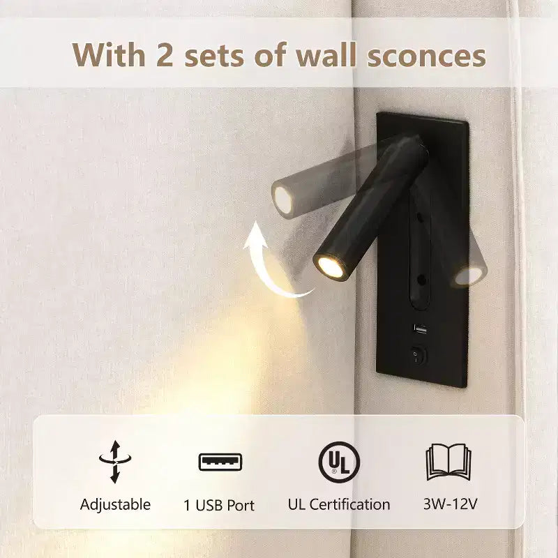 Cadre de lit moderne en bois et lin Christopher Knight Home Kanya avec tête de lit haute à oreilles, lampe et port USB