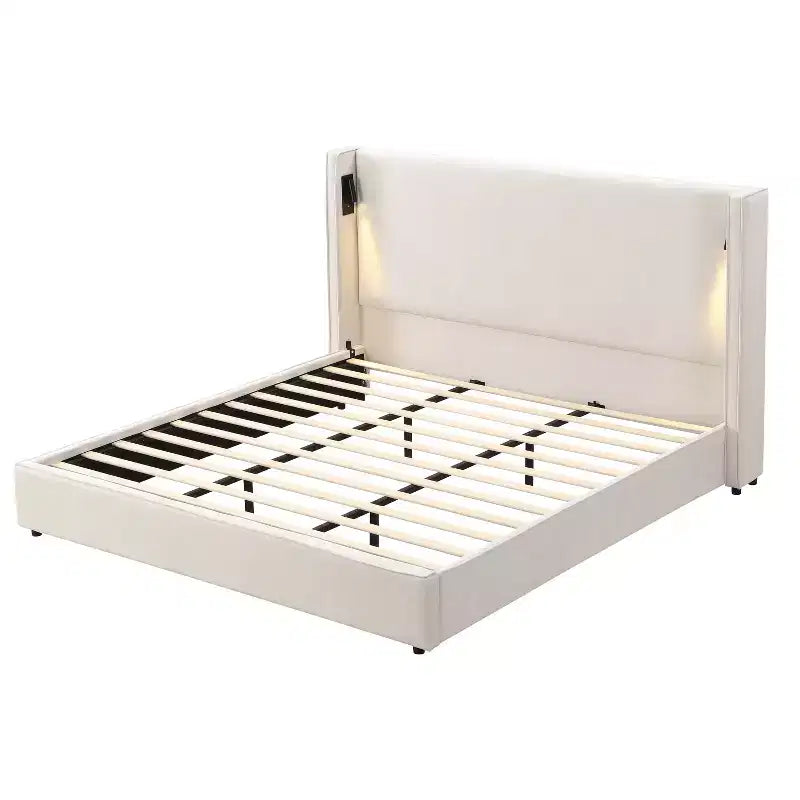 Cadre de lit moderne en bois et lin Christopher Knight Home Kanya avec tête de lit haute à oreilles, lampe et port USB