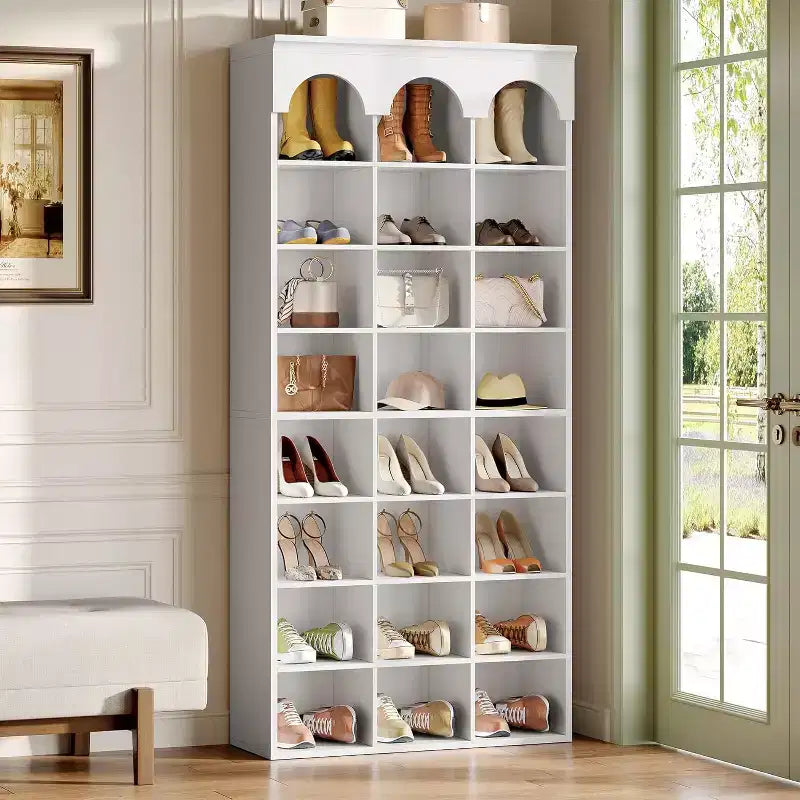Meuble à chaussures Lantine, armoire à chaussures haute de 180 cm avec casiers, organisateur de placard à chaussures pour entrée, salon, casier élargi de 24,5 cm, blanc