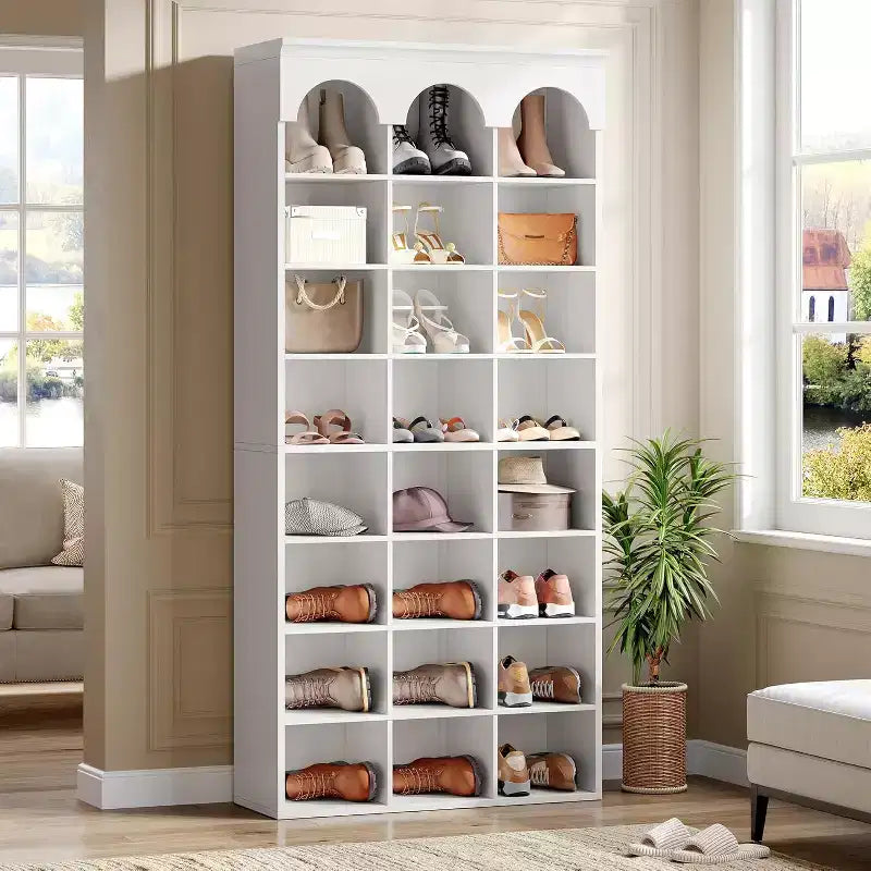 Meuble à chaussures Lantine, armoire à chaussures haute de 180 cm avec casiers, organisateur de placard à chaussures pour entrée, salon, casier élargi de 24,5 cm, blanc