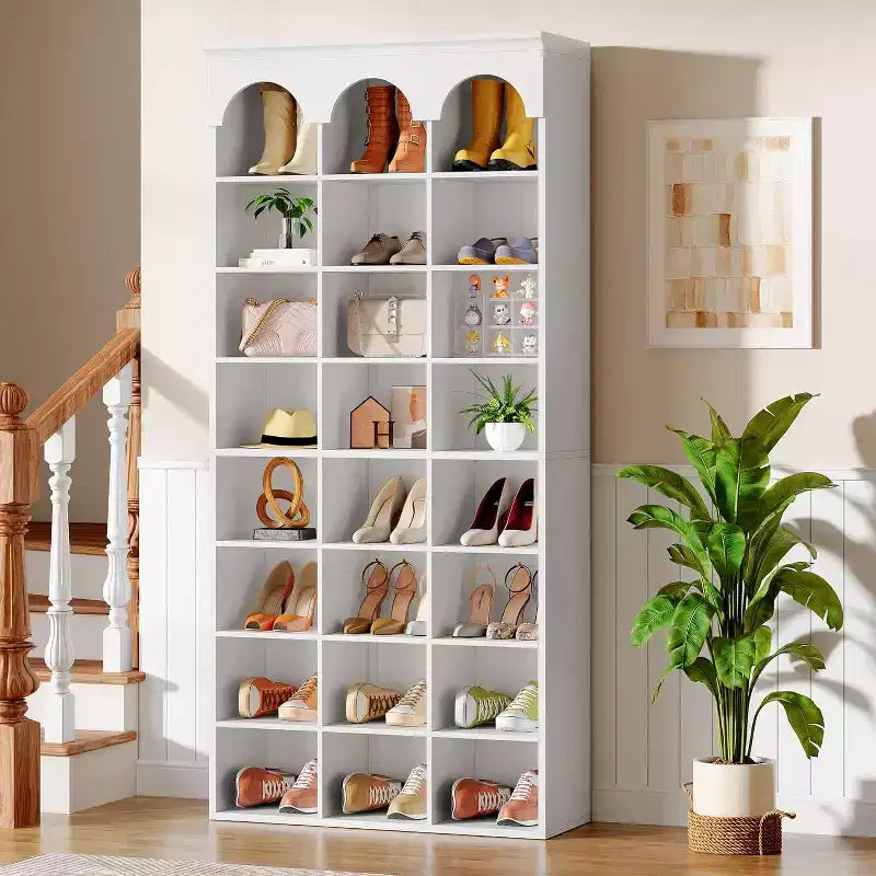 Meuble à chaussures Lantine, armoire à chaussures haute de 180 cm avec casiers, organisateur de placard à chaussures pour entrée, salon, casier élargi de 24,5 cm, blanc