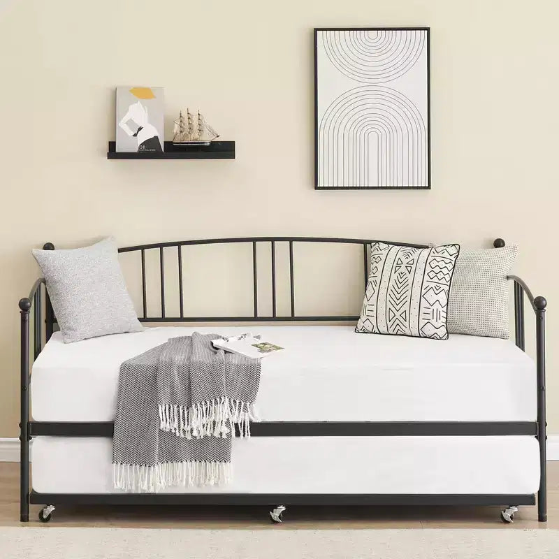 Daybed with Trundle, Sturdy Metal Day Bed with Steel Slat Support, Trundle Bed Twin with Arched Headboard, SofaBed for Living Room, Bedroom