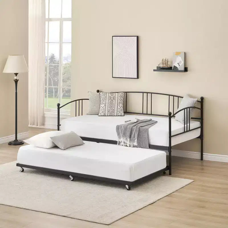 Lit de repos avec lit gigogne, Lit de repos robuste en métal avec support à lattes en acier, Lit gigogne double avec tête de lit arquée, Canapé-lit pour salon, chambre à coucher