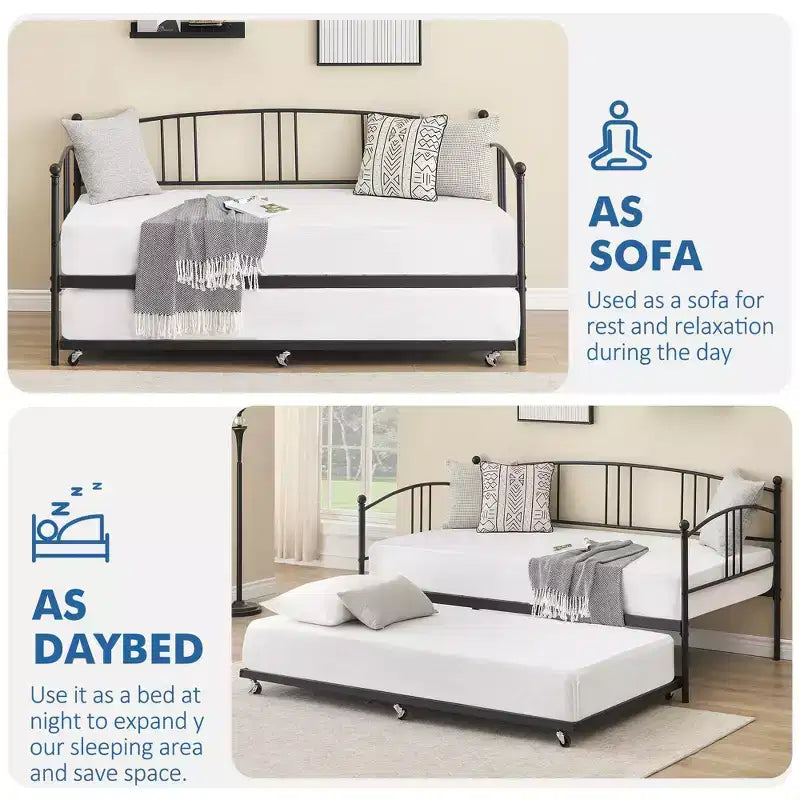 Lit de repos avec lit gigogne, Lit de repos robuste en métal avec support à lattes en acier, Lit gigogne double avec tête de lit arquée, Canapé-lit pour salon, chambre à coucher