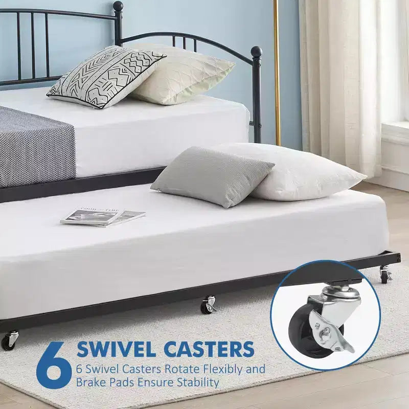 Lit de repos avec lit gigogne, Lit de repos robuste en métal avec support à lattes en acier, Lit gigogne double avec tête de lit arquée, Canapé-lit pour salon, chambre à coucher