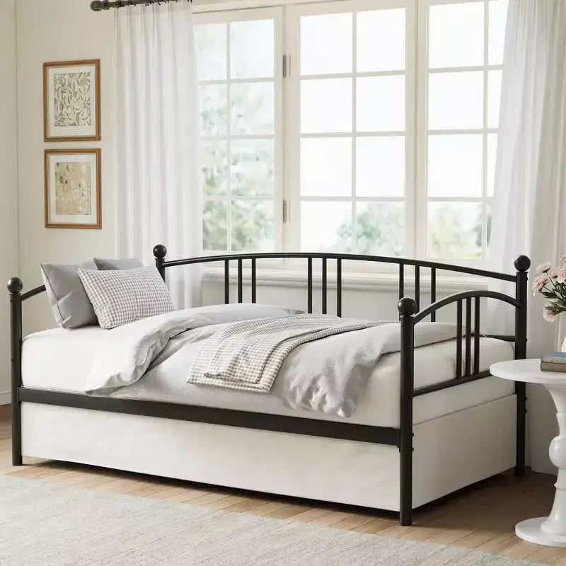 Lit de repos avec lit gigogne, Lit de repos robuste en métal avec support à lattes en acier, Lit gigogne double avec tête de lit arquée, Canapé-lit pour salon, chambre à coucher