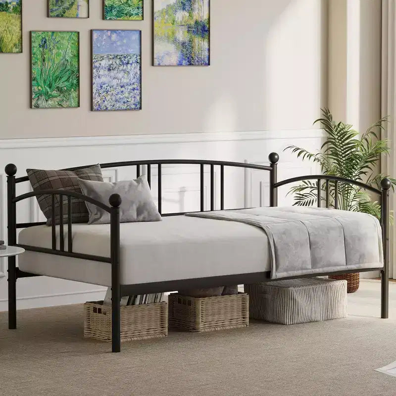 Lit de repos avec lit gigogne, Lit de repos robuste en métal avec support à lattes en acier, Lit gigogne double avec tête de lit arquée, Canapé-lit pour salon, chambre à coucher
