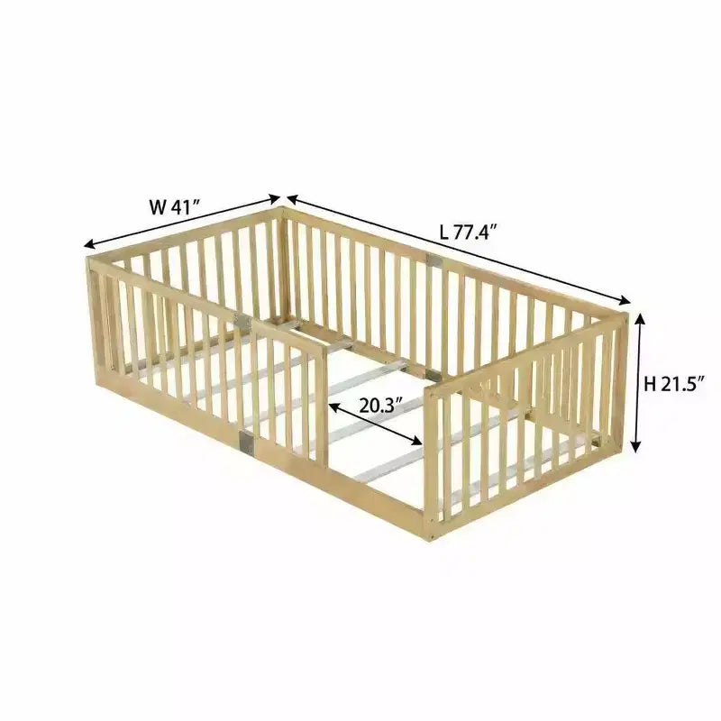 Lit et sommier Whisen Twin Floor avec barrières hautes, 6 lattes incluses, garde-corps de sécurité, sans porte