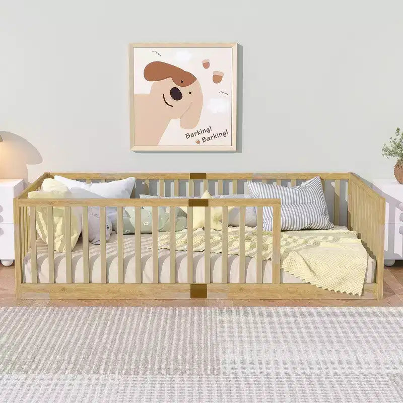 Lit et sommier Whisen Twin Floor avec barrières hautes, 6 lattes incluses, garde-corps de sécurité, sans porte