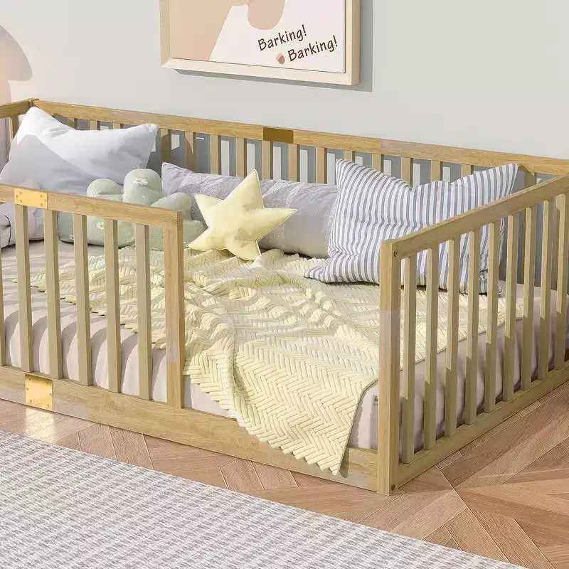 Lit et sommier Whisen Twin Floor avec barrières hautes, 6 lattes incluses, garde-corps de sécurité, sans porte