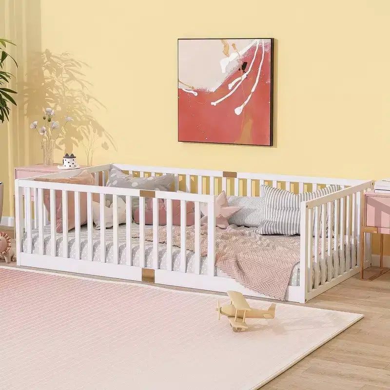 Lit et sommier Whisen Twin Floor avec barrières hautes, 6 lattes incluses, garde-corps de sécurité, sans porte