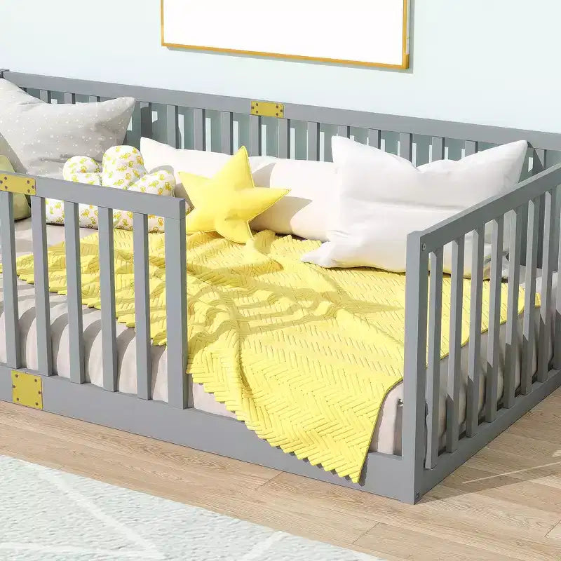 Lit et sommier Whisen Twin Floor avec barrières hautes, 6 lattes incluses, garde-corps de sécurité, sans porte