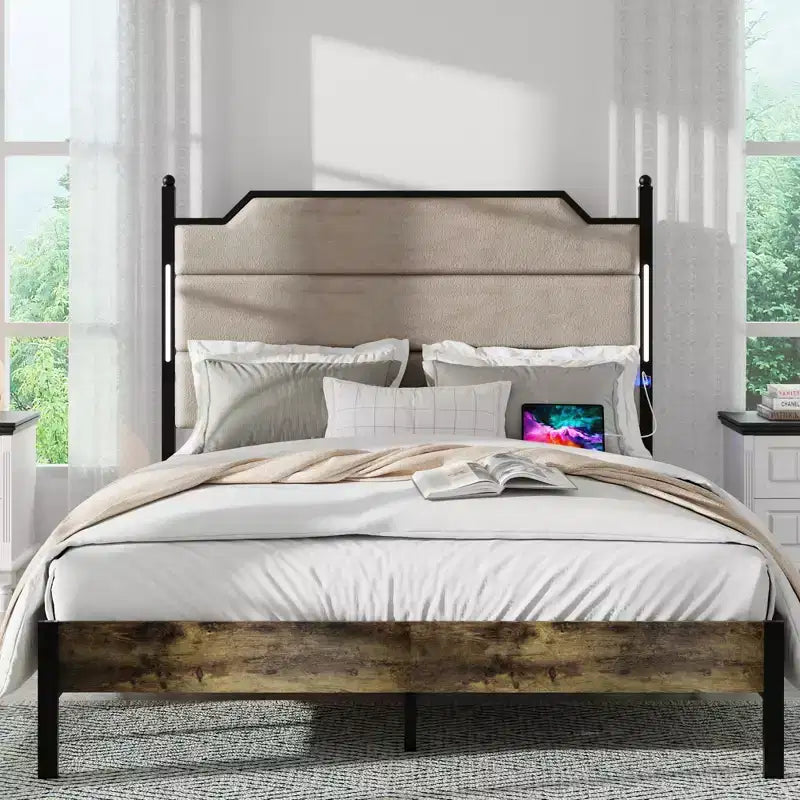 Queen/King Size Platform Bed with Upholstered Headboard, Wood Platform Bed Frame with Charging Station and LED Lights, Industrial Brown