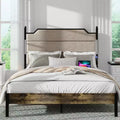 Queen/King Size Platform Bed with Upholstered Headboard, Wood Platform Bed Frame with Charging Station and LED Lights, Industrial Brown