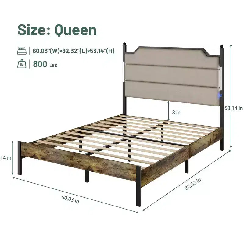 Lit plateforme Queen/King Size avec tête de lit capitonnée, cadre de lit plateforme en bois avec station de charge et lumières LED, brun industriel