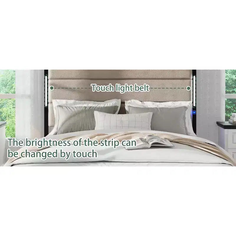 Lit plateforme Queen/King Size avec tête de lit capitonnée, cadre de lit plateforme en bois avec station de charge et lumières LED, brun industriel