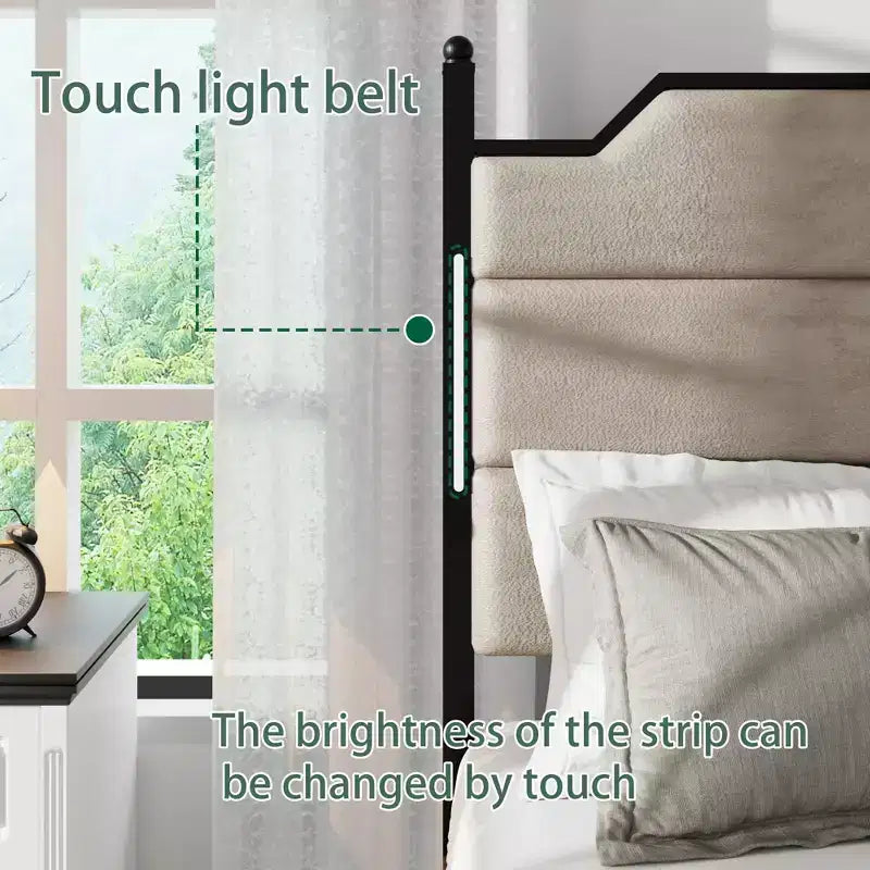 Lit plateforme Queen/King Size avec tête de lit capitonnée, cadre de lit plateforme en bois avec station de charge et lumières LED, brun industriel