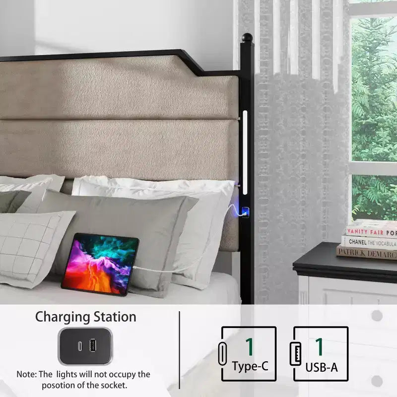 Lit plateforme Queen/King Size avec tête de lit capitonnée, cadre de lit plateforme en bois avec station de charge et lumières LED, brun industriel