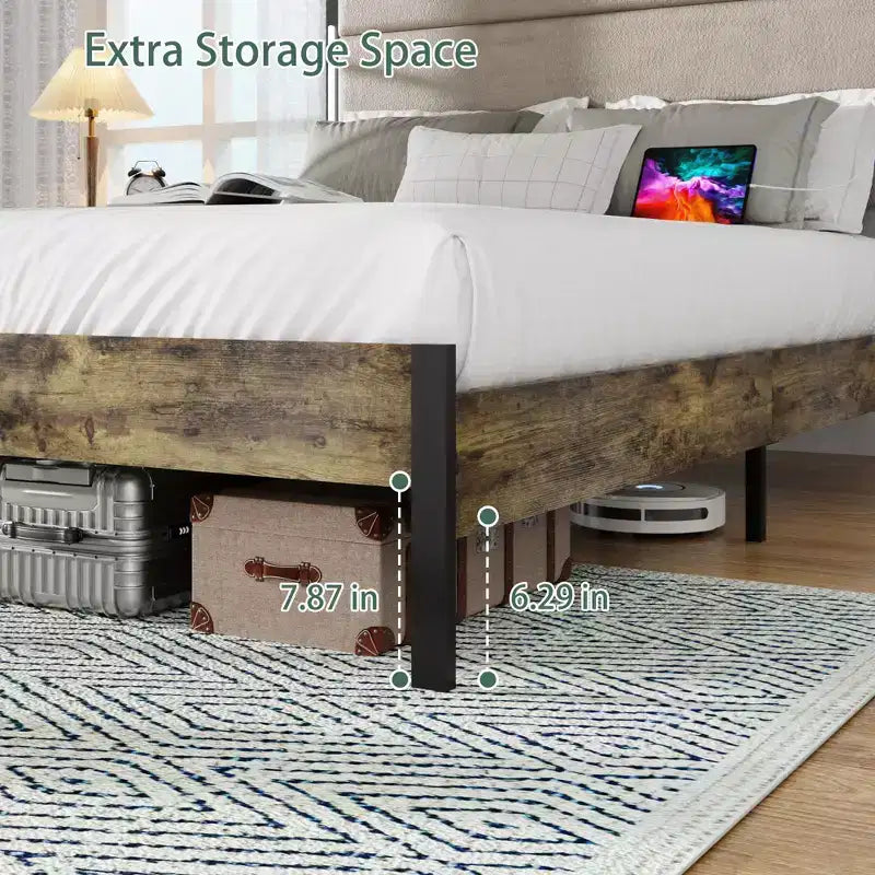 Lit plateforme Queen/King Size avec tête de lit capitonnée, cadre de lit plateforme en bois avec station de charge et lumières LED, brun industriel