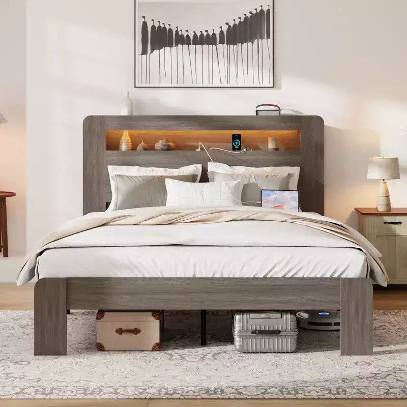 Lit plateforme double/grand lit/très grand lit avec tête de lit de rangement à LED, cadre de lit plateforme en bois avec 2 ports USB, grand espace de rangement sous le lit