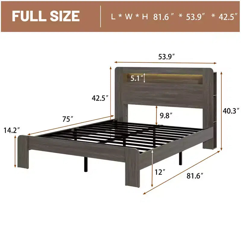 Lit plateforme double/grand lit/très grand lit avec tête de lit de rangement à LED, cadre de lit plateforme en bois avec 2 ports USB, grand espace de rangement sous le lit