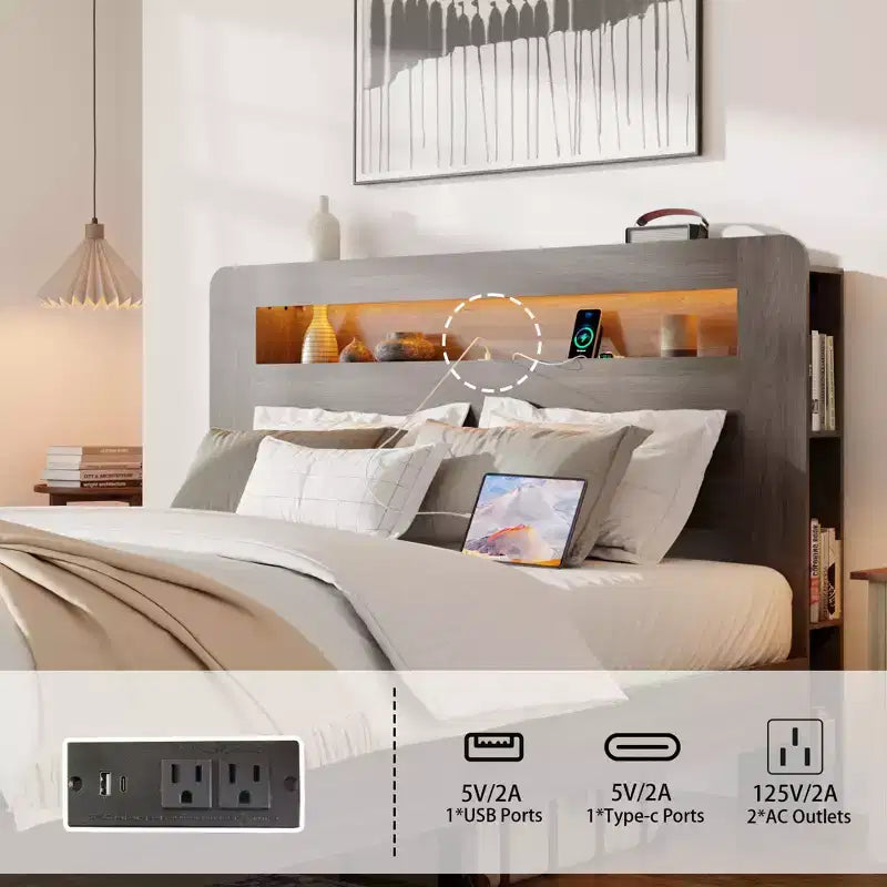 Lit plateforme double/grand lit/très grand lit avec tête de lit de rangement à LED, cadre de lit plateforme en bois avec 2 ports USB, grand espace de rangement sous le lit