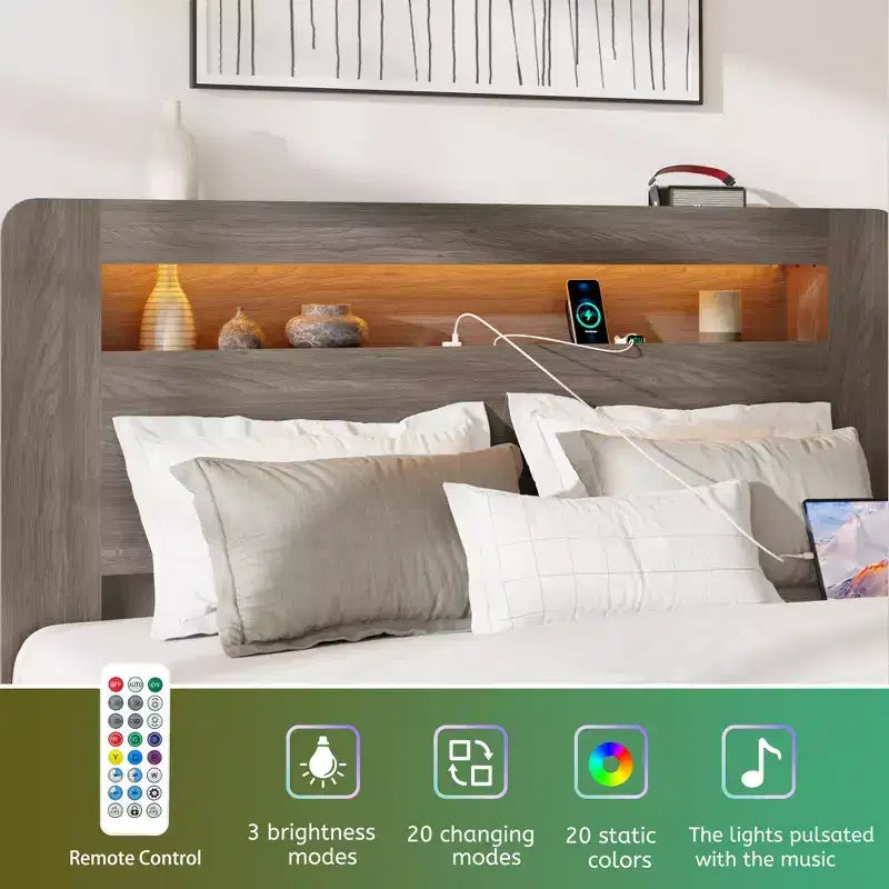 Lit plateforme double/grand lit/très grand lit avec tête de lit de rangement à LED, cadre de lit plateforme en bois avec 2 ports USB, grand espace de rangement sous le lit