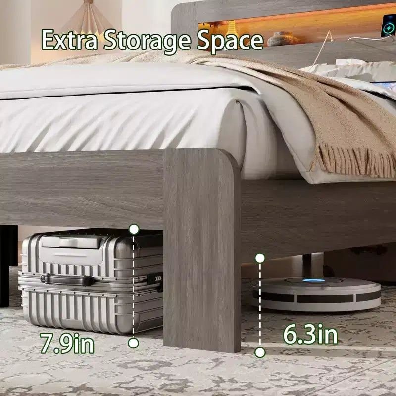 Lit plateforme double/grand lit/très grand lit avec tête de lit de rangement à LED, cadre de lit plateforme en bois avec 2 ports USB, grand espace de rangement sous le lit