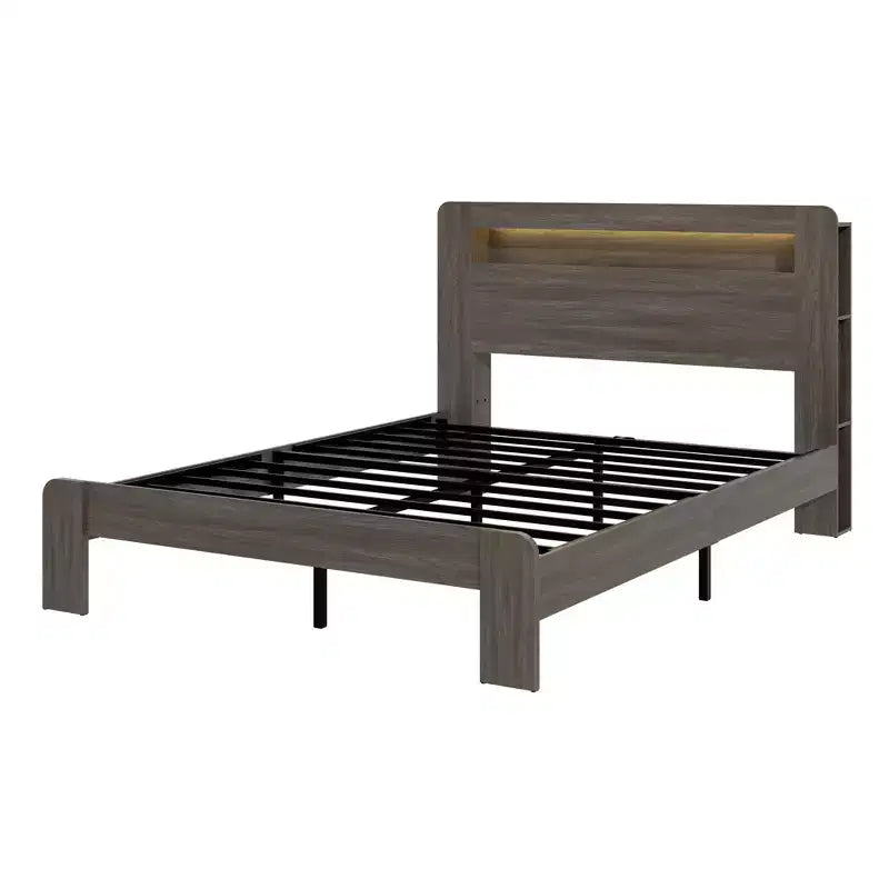 Lit plateforme double/grand lit/très grand lit avec tête de lit de rangement à LED, cadre de lit plateforme en bois avec 2 ports USB, grand espace de rangement sous le lit