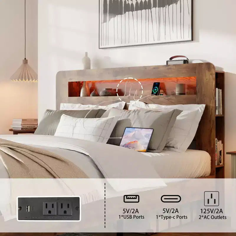 Lit plateforme double/grand lit/très grand lit avec tête de lit de rangement à LED, cadre de lit plateforme en bois avec 2 ports USB, grand espace de rangement sous le lit