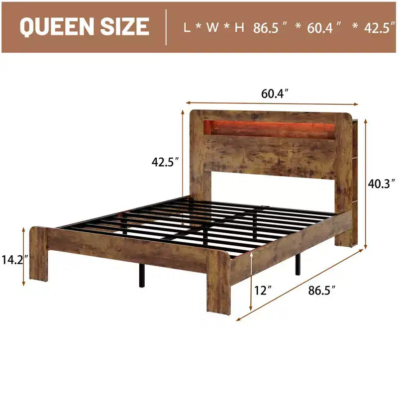 Lit plateforme double/grand lit/très grand lit avec tête de lit de rangement à LED, cadre de lit plateforme en bois avec 2 ports USB, grand espace de rangement sous le lit