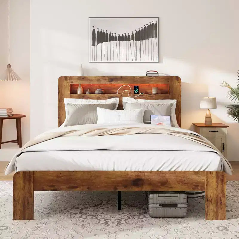 Lit plateforme double/grand lit/très grand lit avec tête de lit de rangement à LED, cadre de lit plateforme en bois avec 2 ports USB, grand espace de rangement sous le lit
