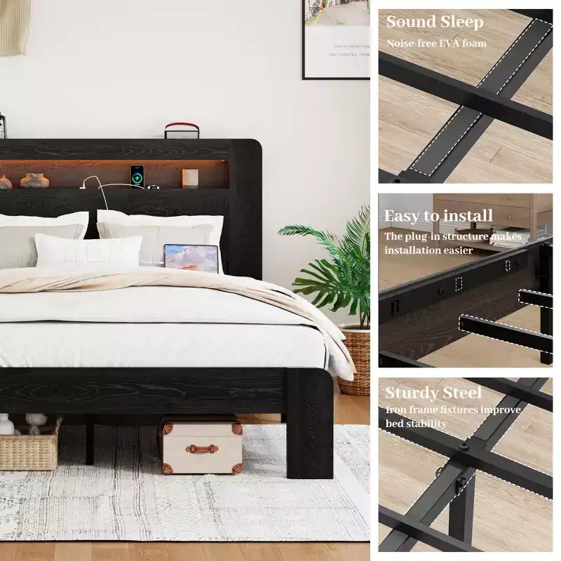 Lit plateforme double/grand lit/très grand lit avec tête de lit de rangement à LED, cadre de lit plateforme en bois avec 2 ports USB, grand espace de rangement sous le lit