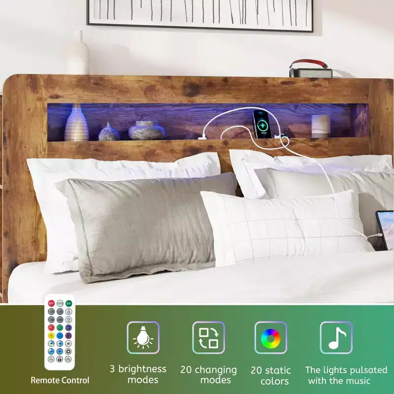 Lit plateforme double/grand lit/très grand lit avec tête de lit de rangement à LED, cadre de lit plateforme en bois avec 2 ports USB, grand espace de rangement sous le lit