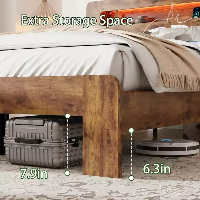 Lit plateforme double/grand lit/très grand lit avec tête de lit de rangement à LED, cadre de lit plateforme en bois avec 2 ports USB, grand espace de rangement sous le lit
